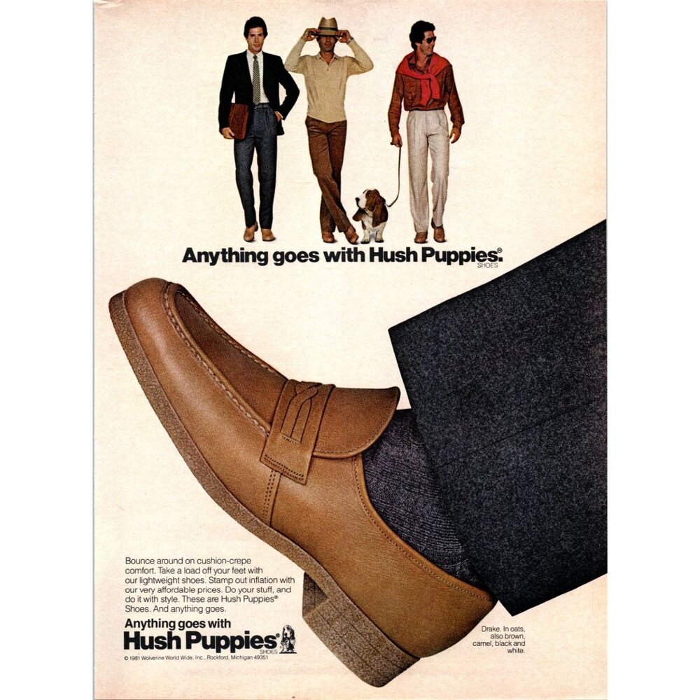 1981 hush Puppies Drake Men's Loafer Vintage Print Ad 80s Fashion Wall Art